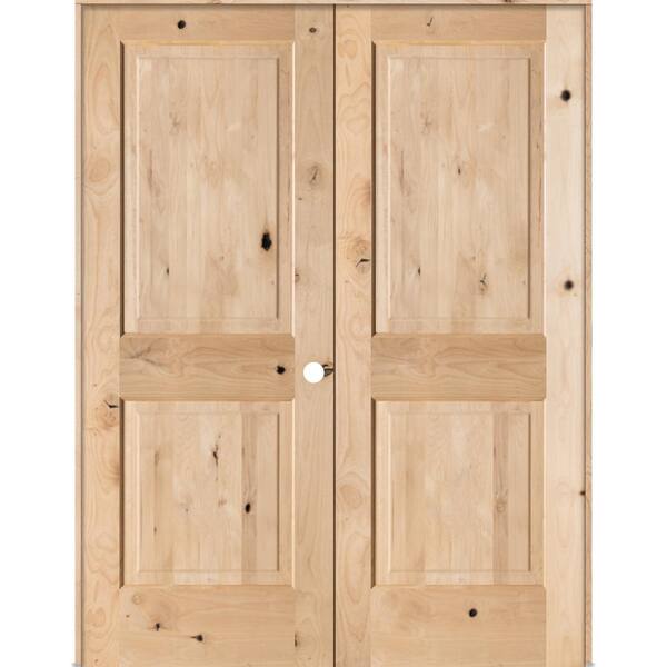 Krosswood Doors 56 in. x 80 in. Rustic Knotty Alder 2-Panel Square Top Left Handed Solid Core Wood Double Prehung Interior French Door