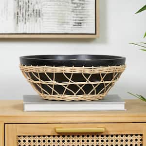 Black Handmade Mango Wood Decorative Bowl with Woven Rope Accents