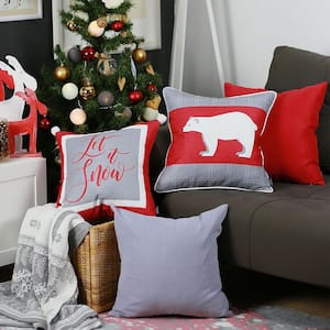 Christmas Themed Decorative Throw Pillow Square 18 in. x 18 in. White and Red and Gray for Couch, Bedding (Set of 4)