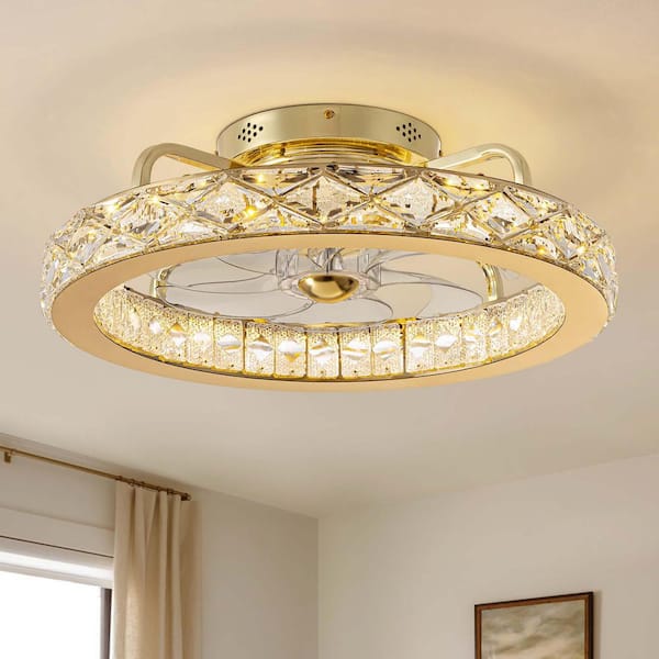 20.5 in. Golden Crystal Low-Profile Chandelier Ceiling Fan Light Remote Control and Adjustable Brightness and Wind Speed