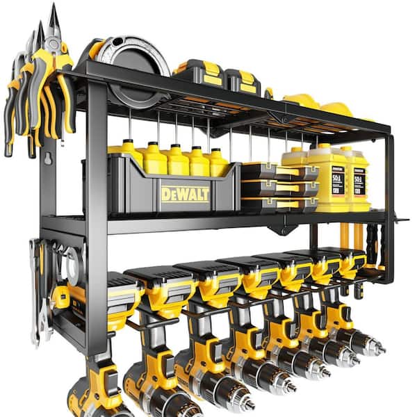 3-Layer 26 in. Black Steel Tool Rack, 150 lbs. Load Capacity, 7-Drill Holder, Wall Mount,Powder-Coated,Hardware Included