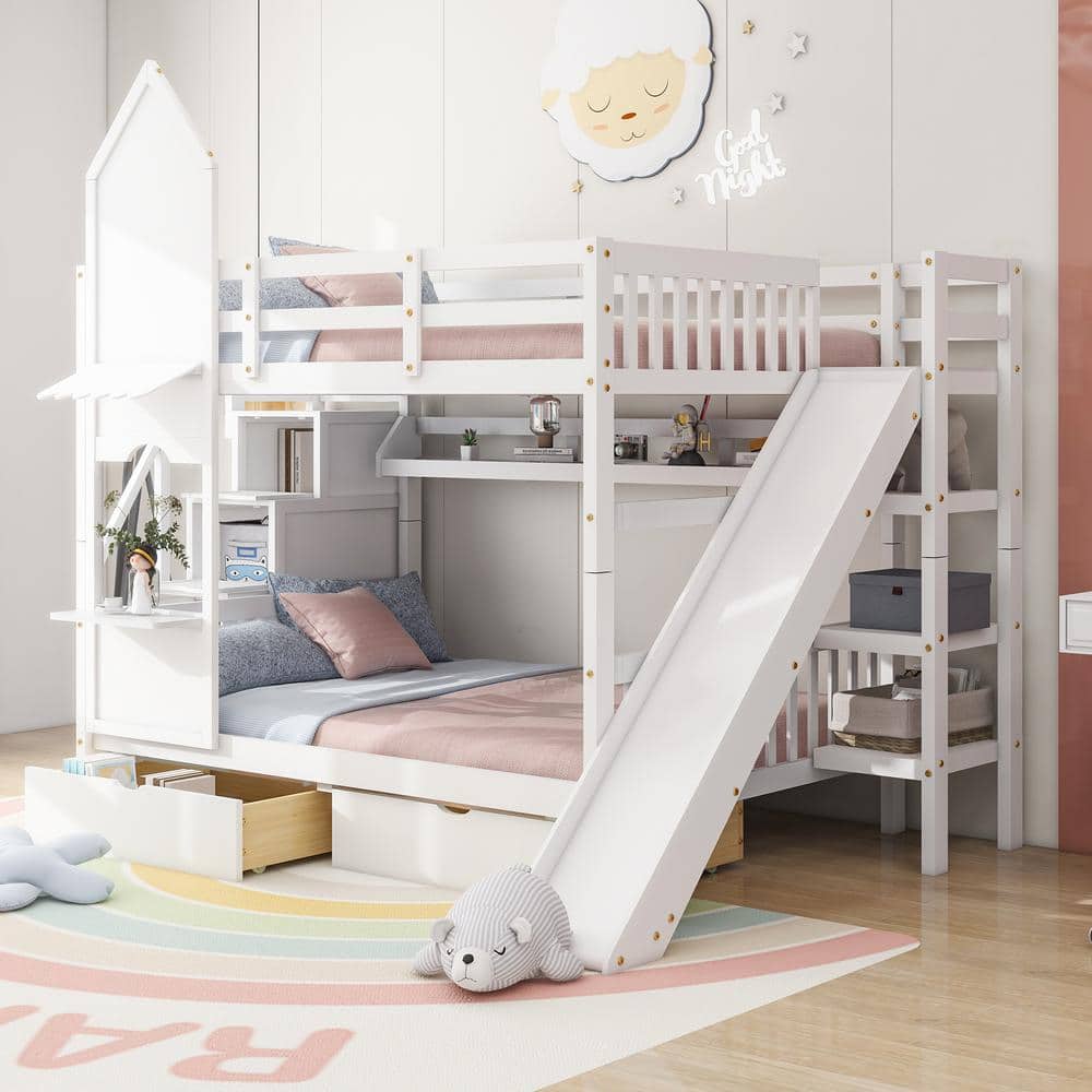 Harper & Bright Designs White Full over Full Castle Style Wood Bunk Bed ...