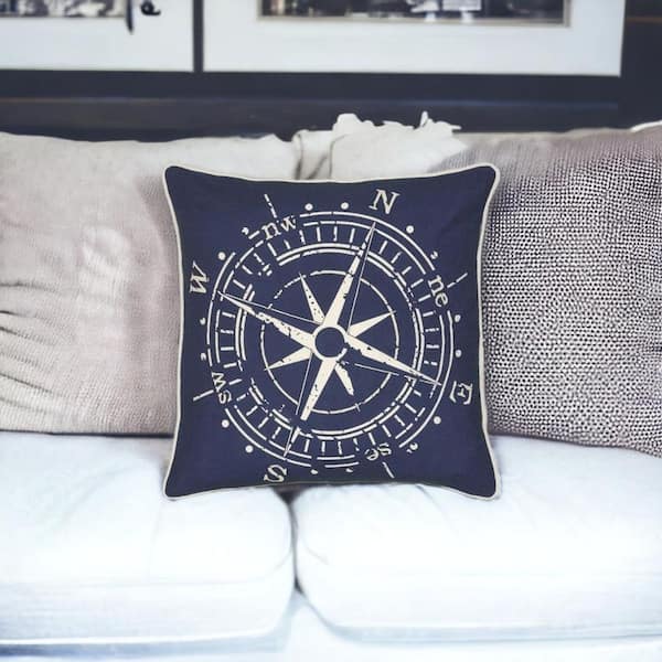 HomeRoots Navy Blue, White Geometric Polyester 18 in. x 18 in. Throw Pillow