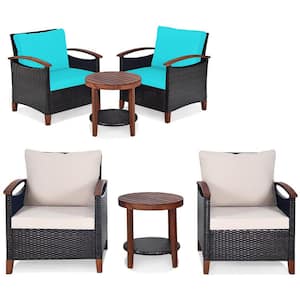 3-Piece Patio Wicker Sofa Outdoor Bistro Set Acacia Wood Frame with Cushion Covers Beige and Turquoise