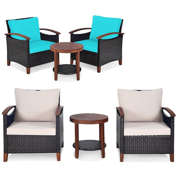 Gymax 3-Piece Patio Wicker Sofa Outdoor Bistro Set Acacia Wood Frame with Cushion Covers Beige and Turquoise