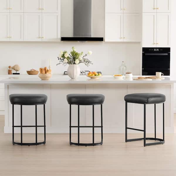 Marcus 26 in. Black Faux Leather Curved Metal Bar Stool with Semi-Circular Seat Cushion Compact for Kitchen Set of 3
