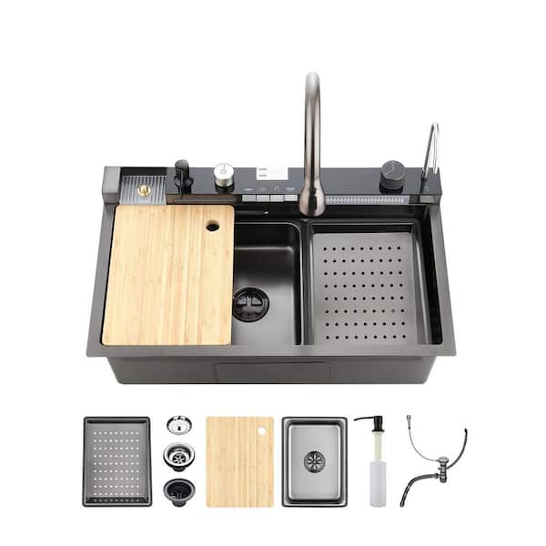 29.5 in. x 18 in. Smart Digital Waterfall Kitchen Sink with Pull-Down Faucet, Cup Washer and Accessories