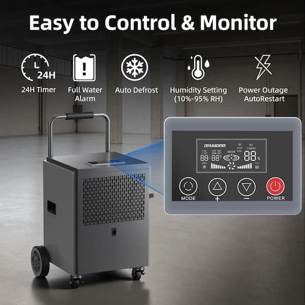 120 pt. 6,500 sq. ft. Commercial Dehumidifier for Basement in Gray, with Bucket, Drain Hose, Industial Use, Metal Case