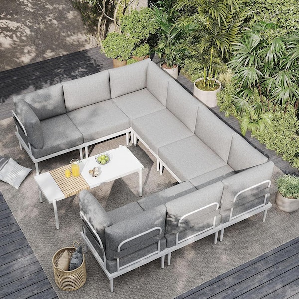 AURA OUTDOOR 9-Piece Metal Outdoor Patio Conversation Set with Coffee Table, Grey Cushions and White Frame