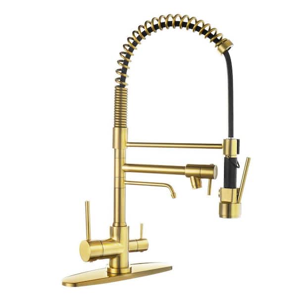 22.3 in. Double Handle Pull Down Sprayer Kitchen Faucet with Drinking Water and 360° Spout Swivel in Brushed Gold