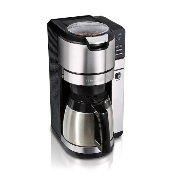 Hamilton Beach 10-Cup Black and Stainless Steel Drip Coffee Maker with Auto-Rising Coffee Grinder