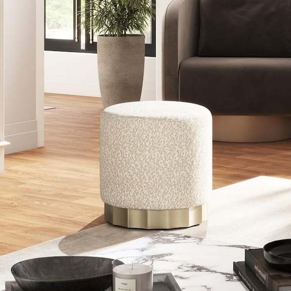 Hampton 18 in. Round Upholstered Ottoman with Scalloped Base, Speckled Egg Beige Chenille