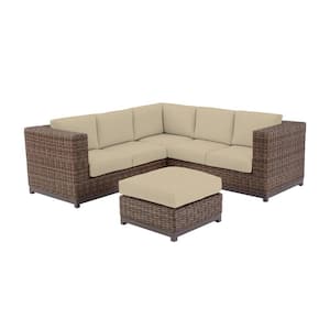 Fernlake 4-Piece Taupe Wicker Outdoor Patio Sectional Sofa with CushionGuard Putty Tan Cushions