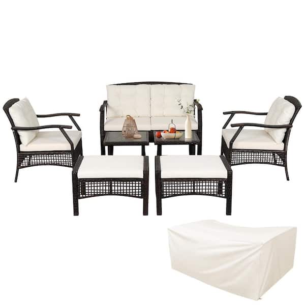 7-Pieces Wicker Patio Conversation Set Sofas Loveseat Yard with Waterproof Cover and White Cushions