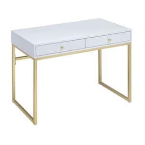 White and Brass Rectangular Vanity Desk with 2-Drawers 31 in. H x 42 in. W x 19 in. D