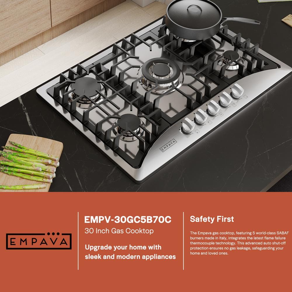 Empava 30 in. Built-in Gas Cooktop Gas Stove in Stainless Steel with 5 Sealed Burners, Silver