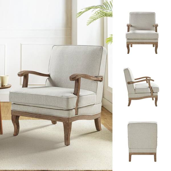 JAYDEN CREATION Quentin Linen Farmhouse Wooden Upholstered Arm