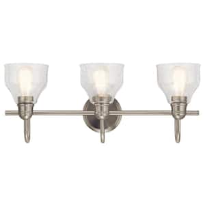 Avery 24 in. 3-Light Brushed Nickel Vintage Bathroom Vanity Light with Clear Seeded Glass