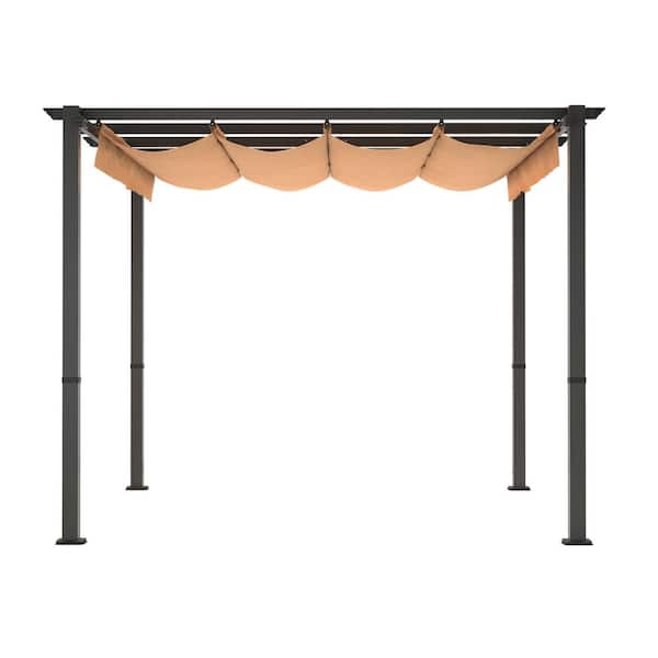 Unbranded 10 ft. W x 10 ft. L Aluminum Patio Pergola with Retractable Pergola Canopy, Porch Backyard Awning, Outdoor Party, Khaki