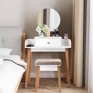 Makeup Dressing Table Stool Wooden Vanity Set with Round Mirror Drawer