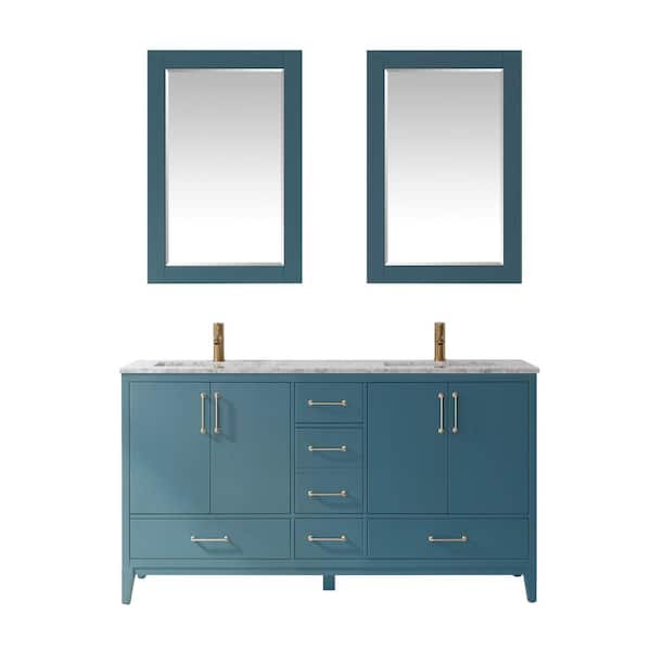 Altair Sutton 60 in. Double Bathroom Vanity Set in Royal Green and Carrara White Marble Countertop with Mirror