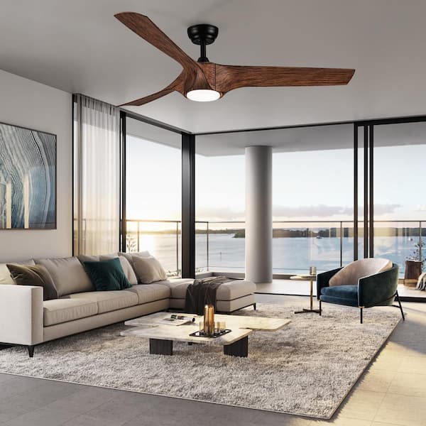 56 in. Dimmable Integrated LED Light Indoor Remote Flush Ceiling Fan with Brown Wood Grain ABS Blade