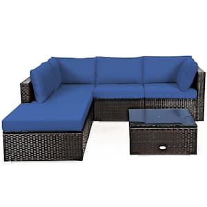 6-Pieces Outdoor Patio Rattan Furniture Set with Navy Cushions