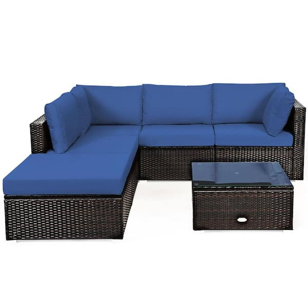 6-Pieces Outdoor Patio Rattan Furniture Set with Navy Cushions