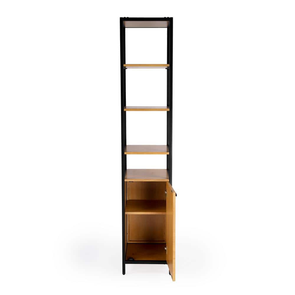 Hans Narrow Black and Natural Wood 84" Etagere Bookcase with Iron Frame