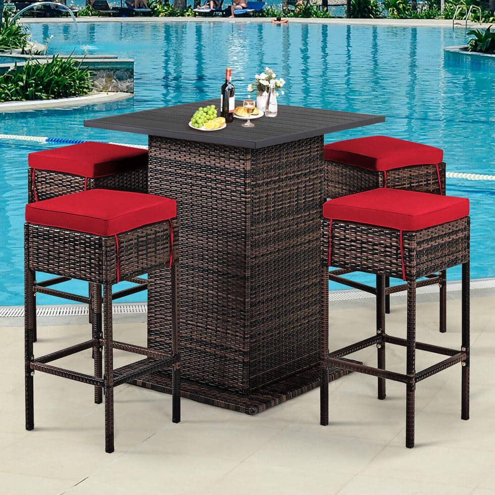 Red Cushioned 5-Piece Brown Wicker Outdoor Bar Set with Storage