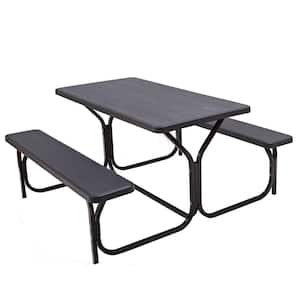 Black Rectangular Plastic Outdoor Picnic Table with 2 Bench