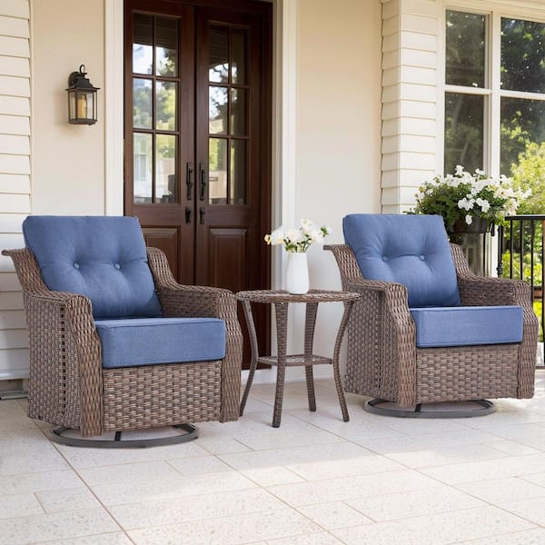 Modern Farmhouse 3-Piece Brown PE Wicker Patio Conversation Set with 6 in. Olefin Blue Cushions/Wide Armrest