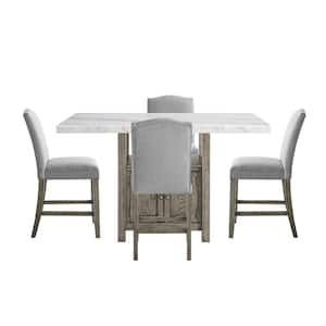 Grayson 60 in. 5-Piece Rectangular White Marble Counter Height Dining Set with 4-Upholstered Chairs