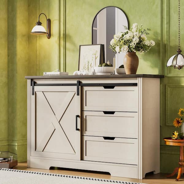 32.5 in. H Beige MDF Storage Cabinet with 3 Drawers and Sliding Barn Doors Suitable for Living Room, Bedroom