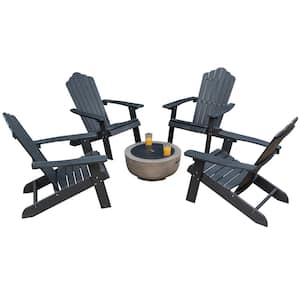 Lanier 5-Piece Black Recycled Plastic Patio Conversation Adirondack Chair Set with a Brown Wood-Burning Firepit