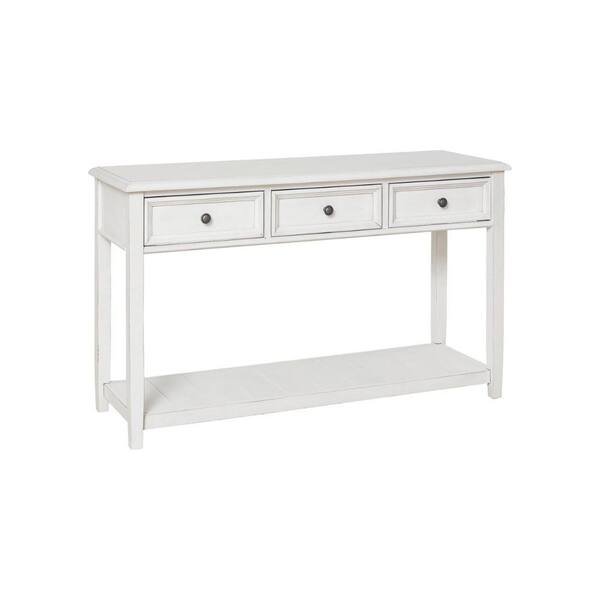 Benjara 17 in. White Rectangle Wood Top Console Table with 3 Drawer and Open Shelf BM294051