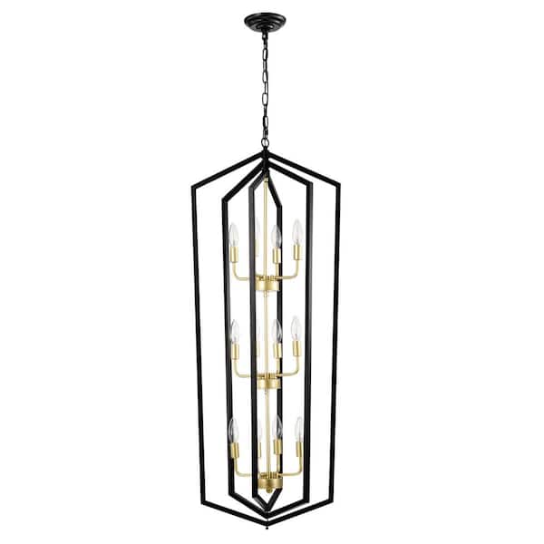 Jushua 12-Light Gold Lantern Tired Farmhouse Chandelier Ceiling Hanging Metal Light (E12 Bulbs Not Included)
