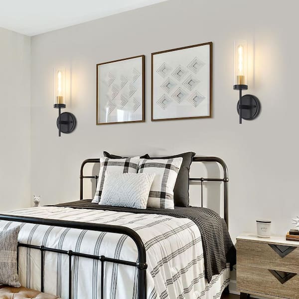 1-Light Black and Gold Modern Wall Sconce with Clear Glass Shade (Set of 2)