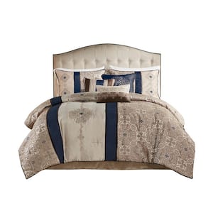 7-Piece Navy Polyester Cal King Comforter Set with Throw Pillows