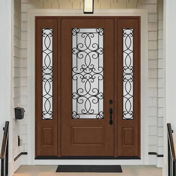 Regency 64 in. x 96 in. 3/4Lite Georgian Decorative Glass LHIS Chstnt Mahogny Fiberglass Prehung Front Door w/Dbl12in.SL