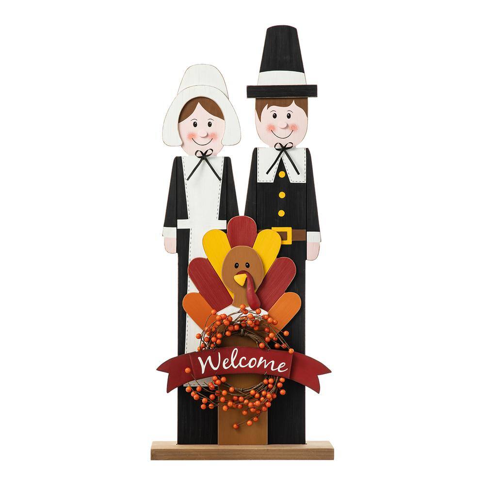 36" Tall Thanksgiving Wooden Pilgrim Couple Porch Sign