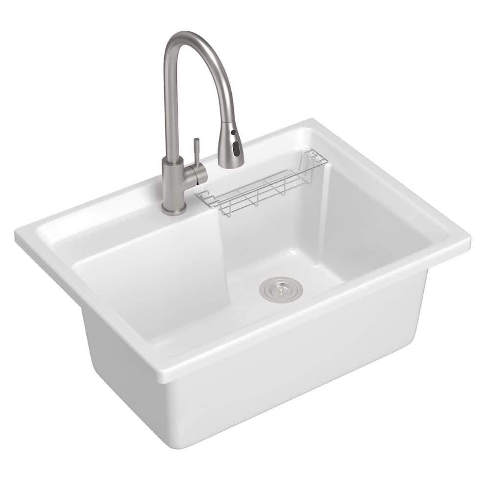 30 in. W x 22 in. D Solid Surface Drop-In Laundry/Utility Sink with Cold Hot Water Faucet and Drain in White price history on PriceWatchPro