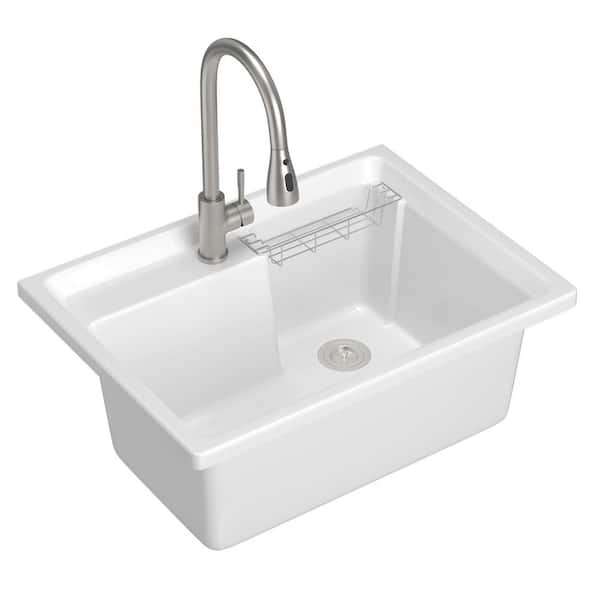 30 in. W x 22 in. D Solid Surface Drop-In Laundry/Utility Sink with Cold Hot Water Faucet and Drain in White