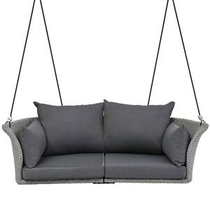 Rattan hanging seat for 2, porch swing with rope, gray wicker and gray cushions