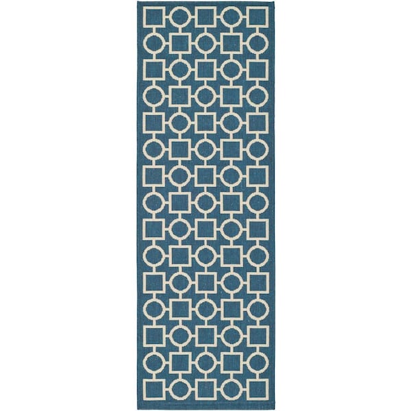 Courtyard Navy/Beige 2 ft. x 10 ft. Geometric Indoor/Outdoor Patio  Runner Rug