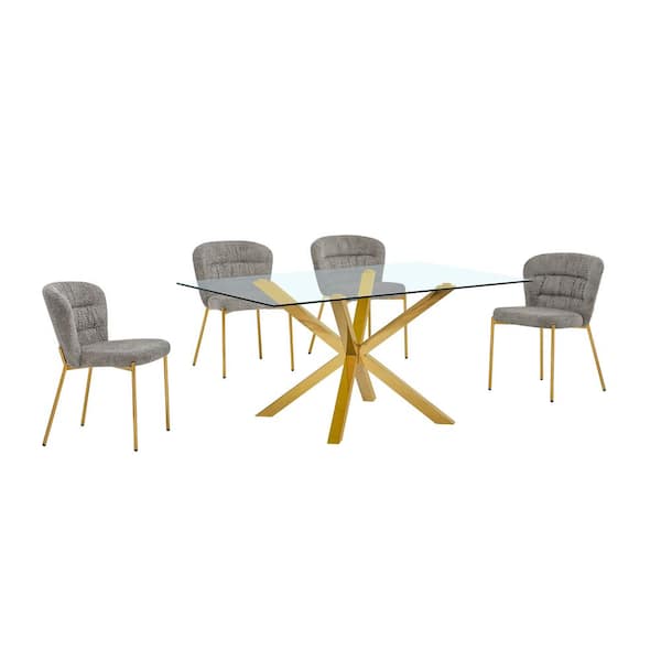 Best Quality Furniture Tom 5-Piece Clear Glass Top Gold Stainless Steel Legs Dining Set with 4 Grey Chairs