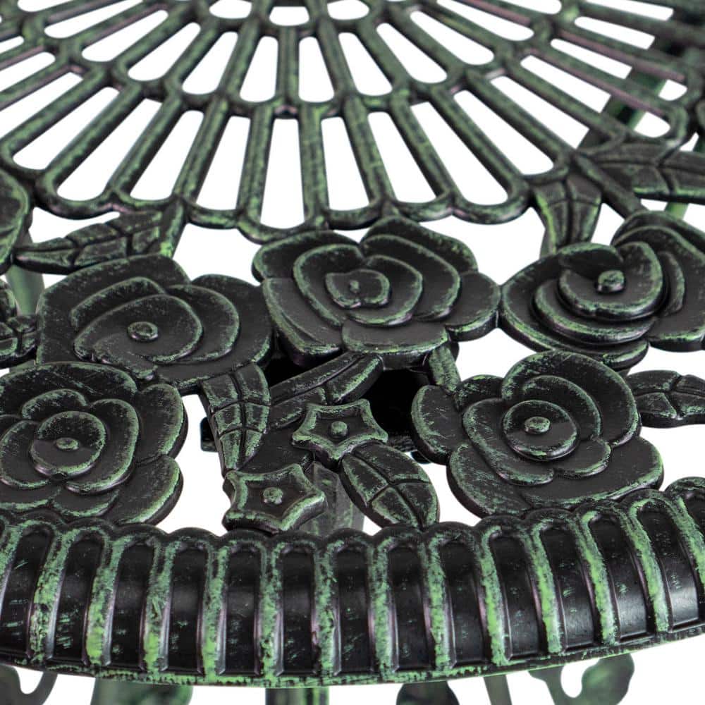 Verdigris Cast Iron and Aluminum Rose Pattern Bistro Set