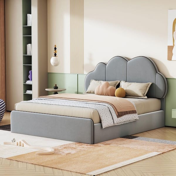 Gray Wood Frame Queen Size Platform Bed with Cloud-Shaped Headboard