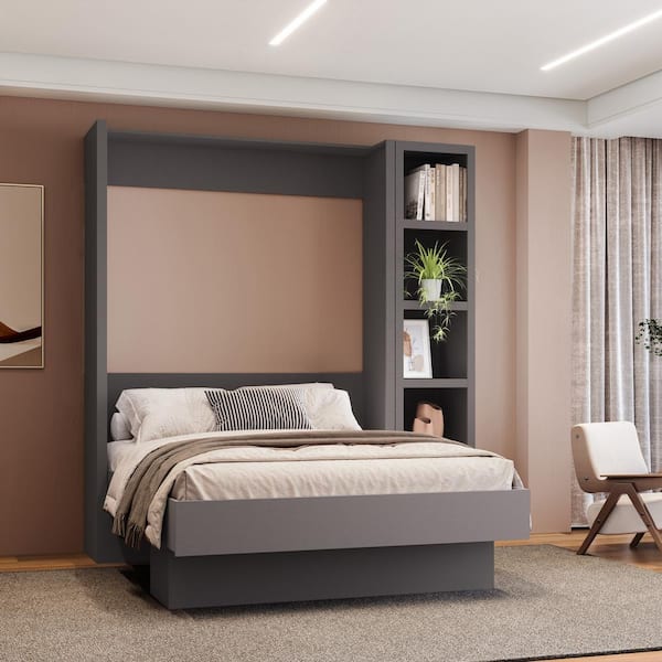 Easy-Lift Gray Wood Frame Full Murphy Bed with Bookshelf