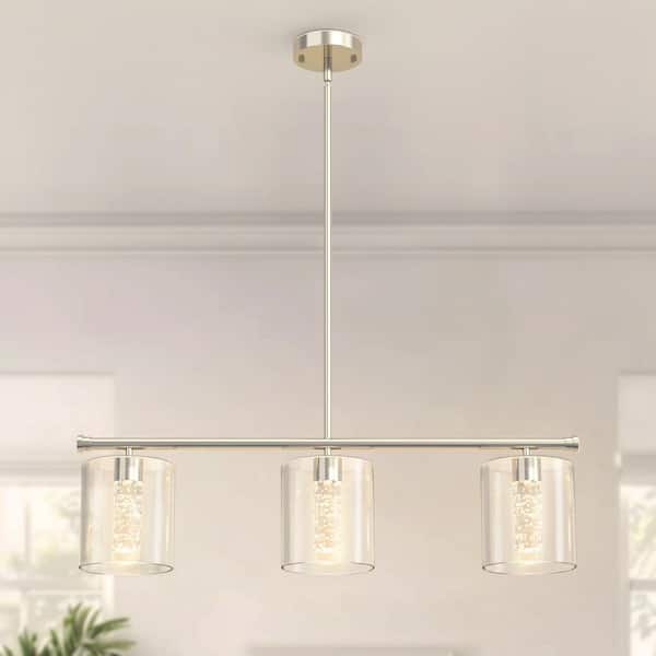 YANSUN 3-Light Brushed Nickel Modern Kitchen Island Integrated LED Linear Pendant Light 3CCT with Clear Glass Shades